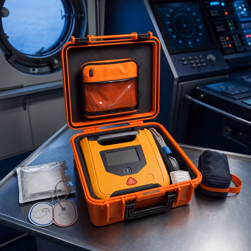 SurviMed marine AED — IP-rated automated external defibrillator for shipboard use